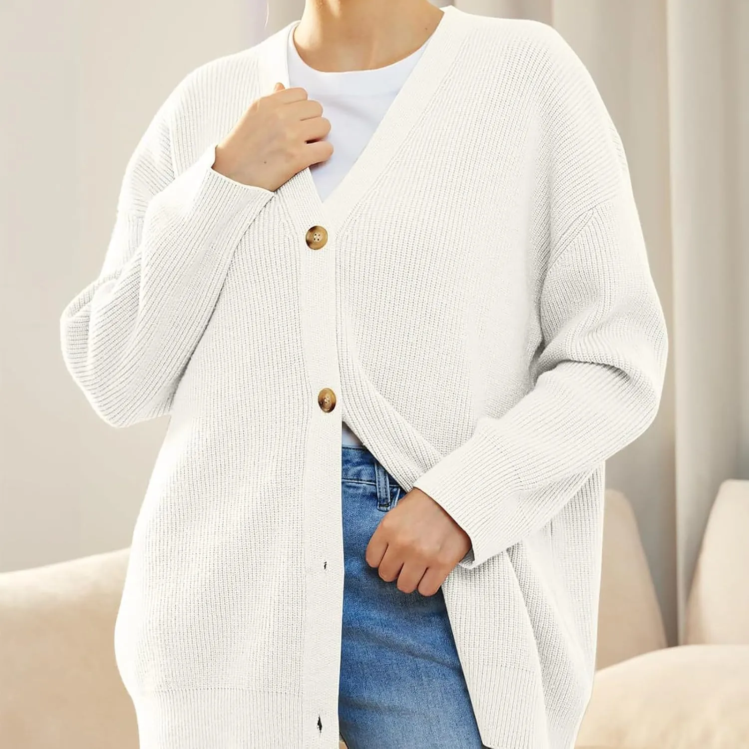 Womens 2023 Fall Sweaters Lightweight Open Front Cardigan Sweaters Button Down Ribbed Knit Sweater Outwear