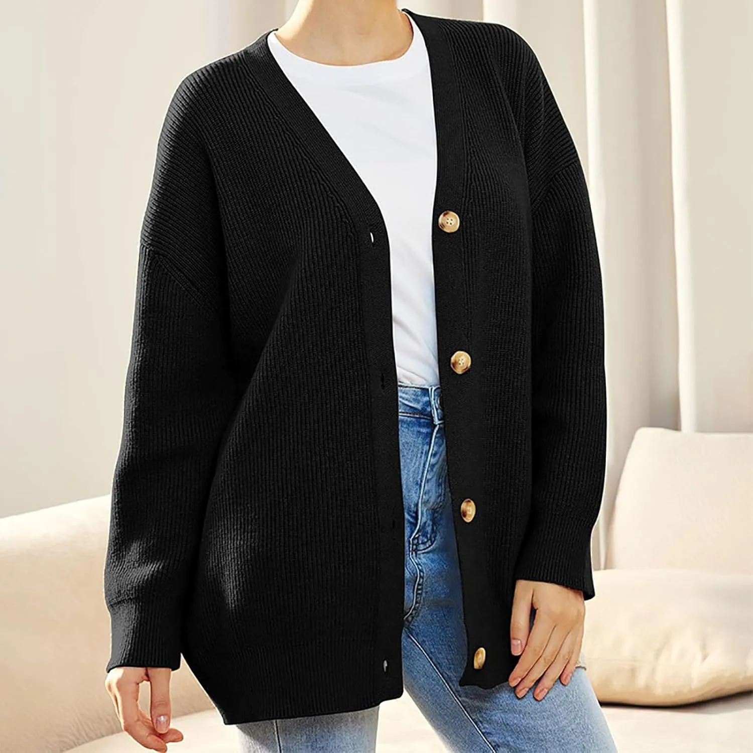 Womens 2023 Fall Sweaters Lightweight Open Front Cardigan Sweaters Button Down Ribbed Knit Sweater Outwear