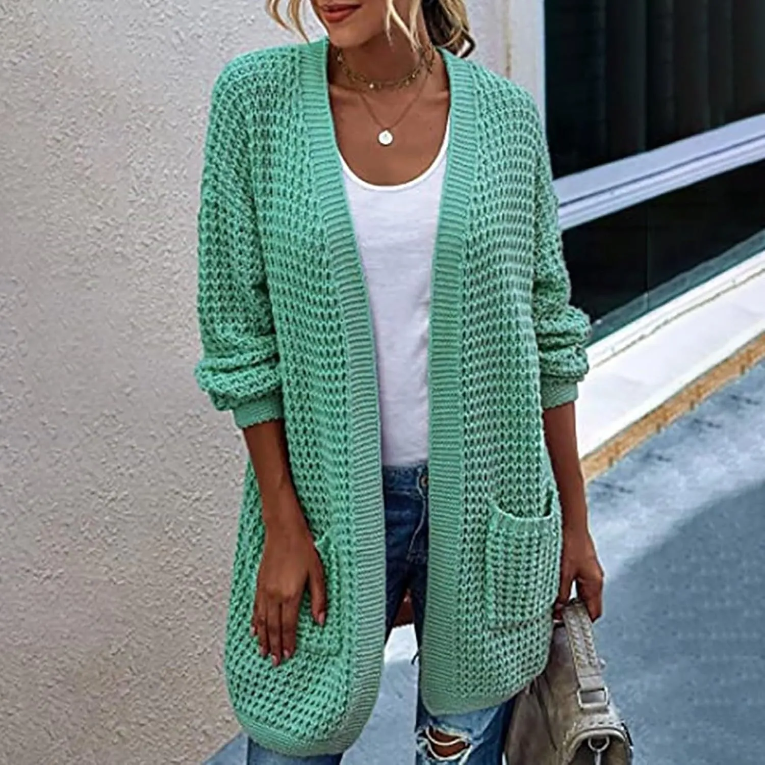 Womens 2023 Fall Winter Long Sleeves Open Front Leopard Print Knitted Sweater Coat Outwear Cable Knit Long Cardigan
