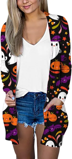 Womens 2023 Pumpkin Print Halloween Cardigan Knit Sweaters Print Long Sleeves Cardigan Casual Open Front Printed Cardigans
