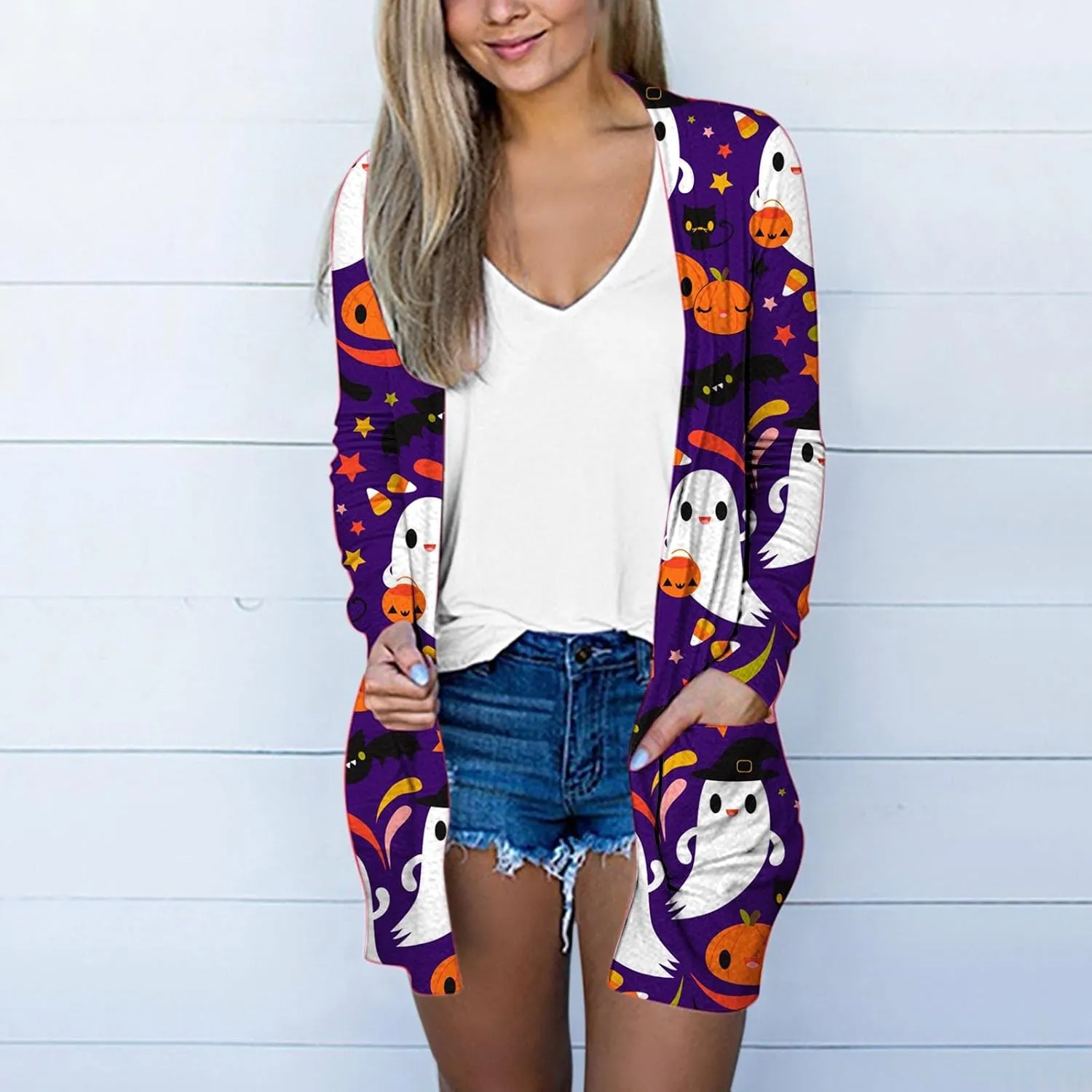 Womens 2023 Pumpkin Print Halloween Cardigan Knit Sweaters Print Long Sleeves Cardigan Casual Open Front Printed Cardigans