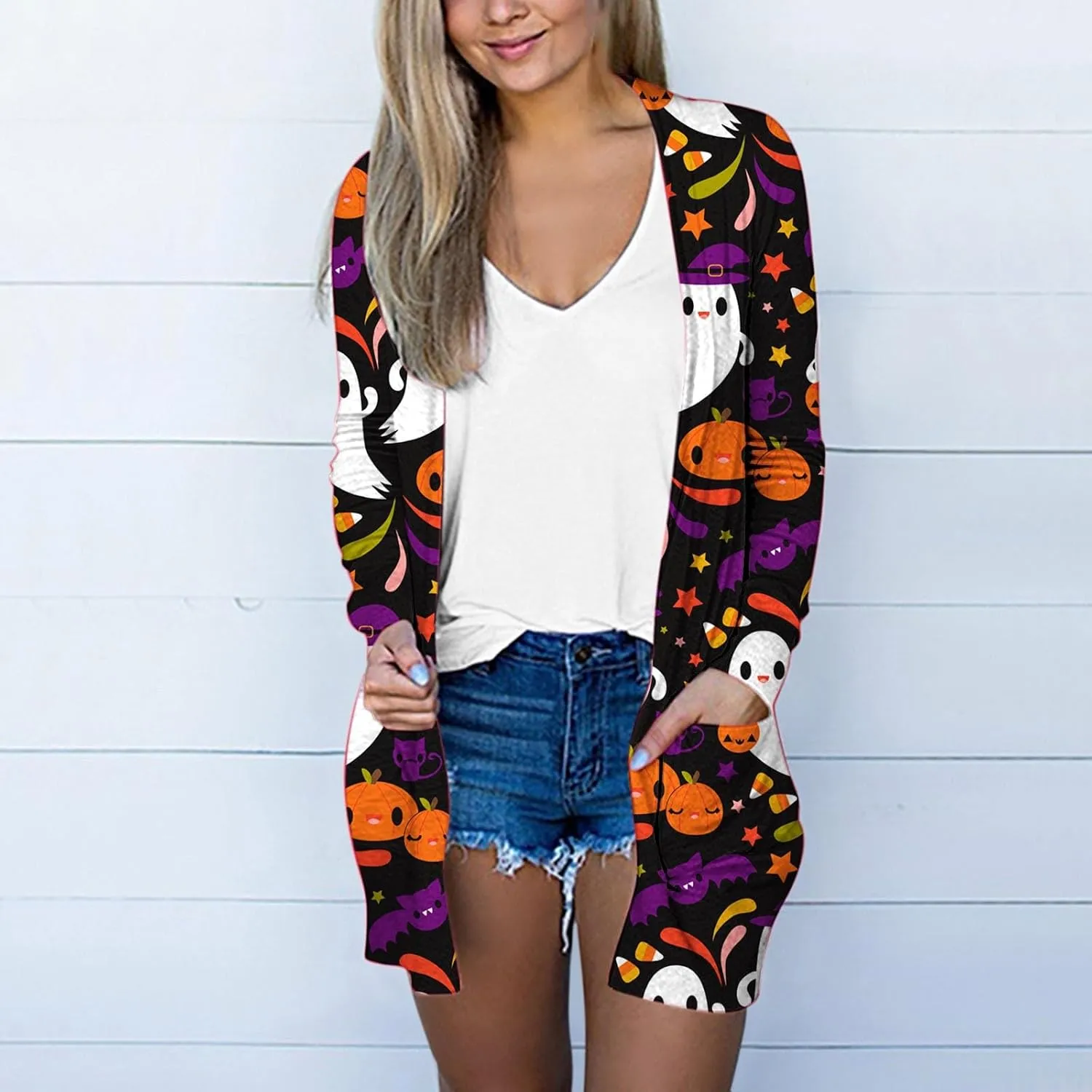 Womens 2023 Pumpkin Print Halloween Cardigan Knit Sweaters Print Long Sleeves Cardigan Casual Open Front Printed Cardigans