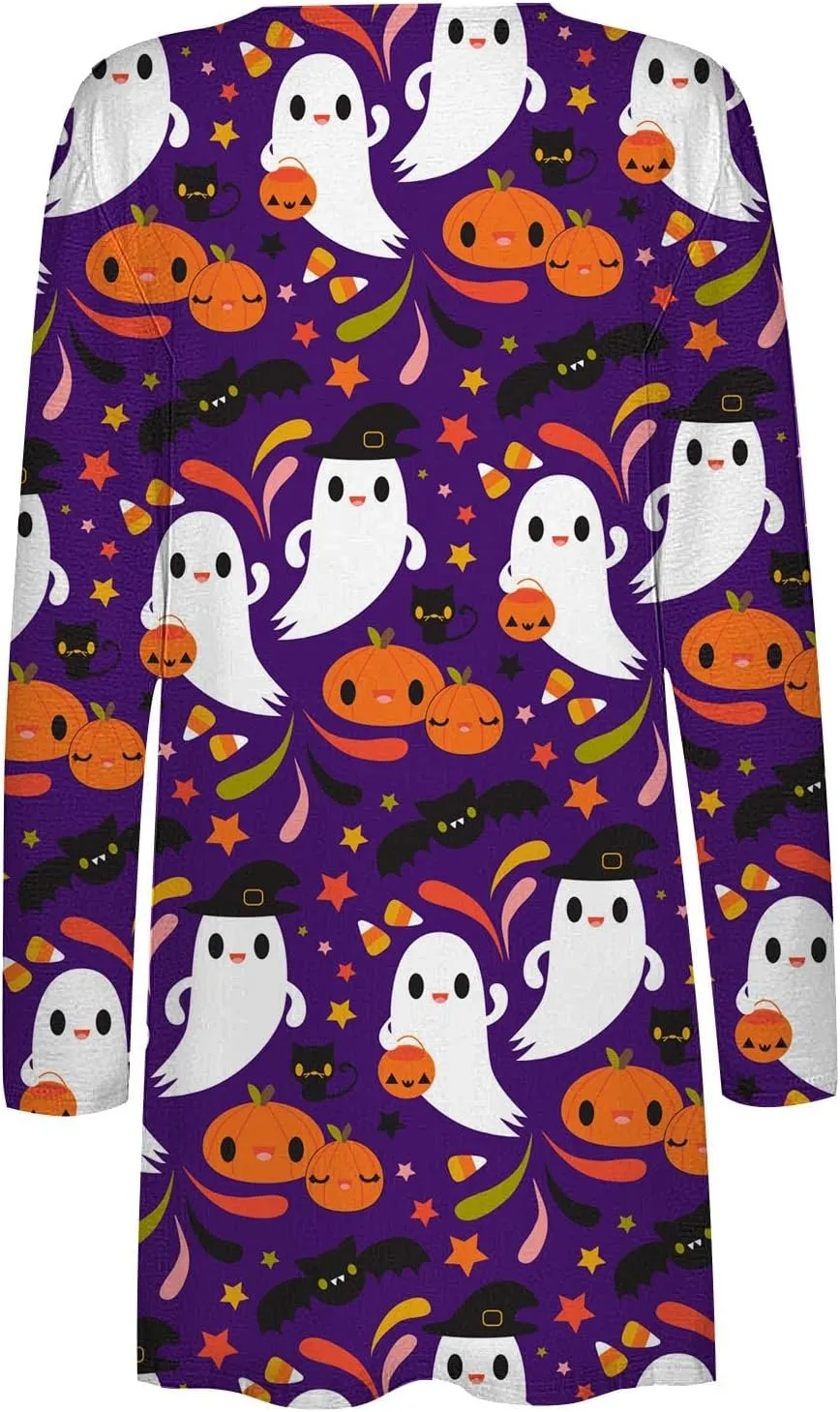 Womens 2023 Pumpkin Print Halloween Cardigan Knit Sweaters Print Long Sleeves Cardigan Casual Open Front Printed Cardigans