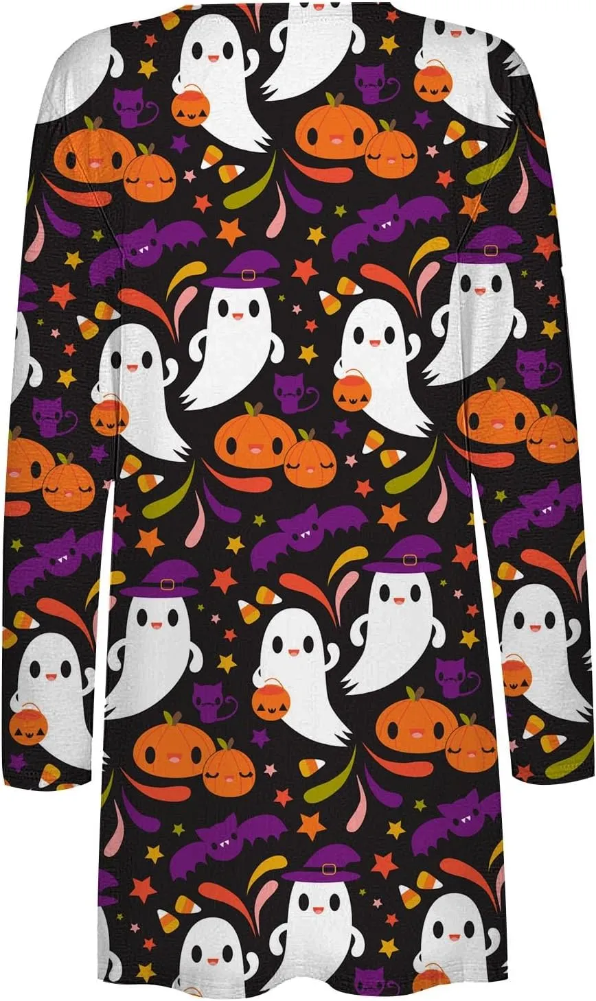 Womens 2023 Pumpkin Print Halloween Cardigan Knit Sweaters Print Long Sleeves Cardigan Casual Open Front Printed Cardigans