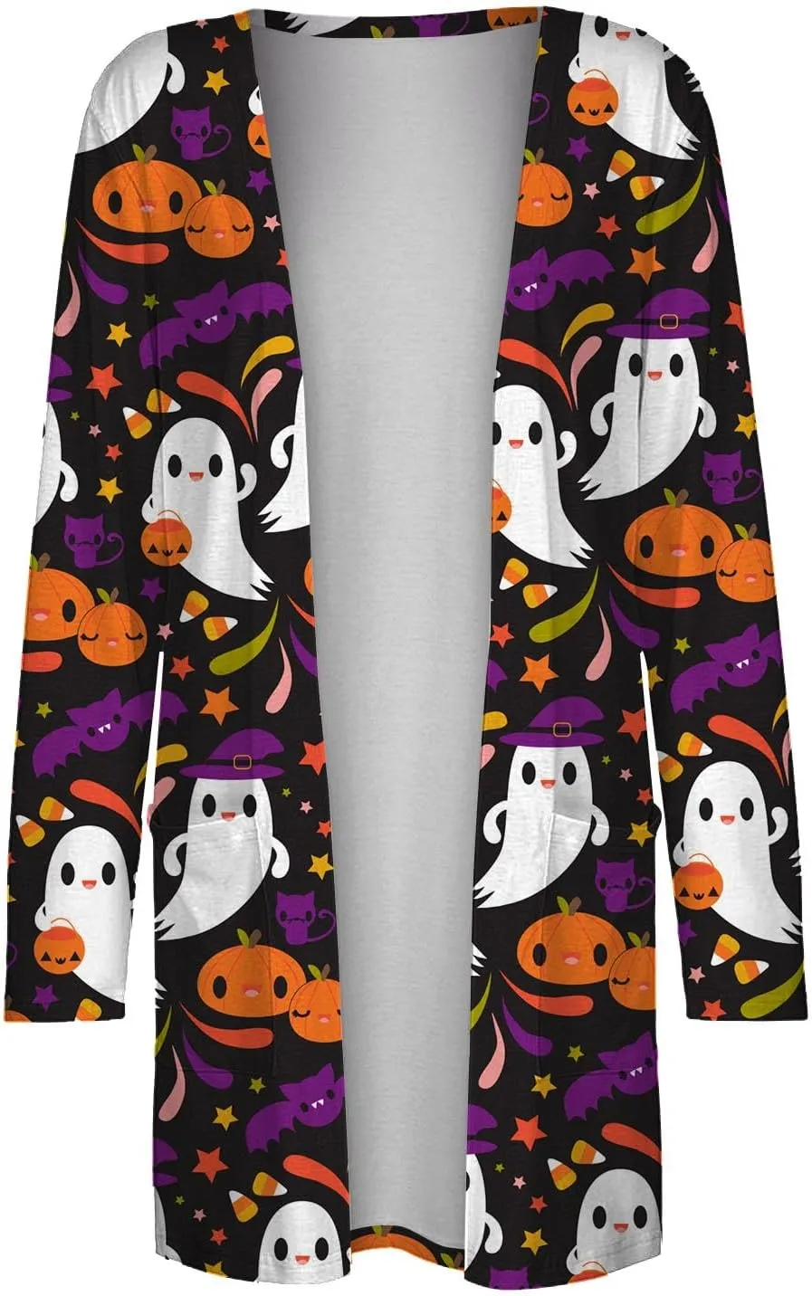 Womens 2023 Pumpkin Print Halloween Cardigan Knit Sweaters Print Long Sleeves Cardigan Casual Open Front Printed Cardigans