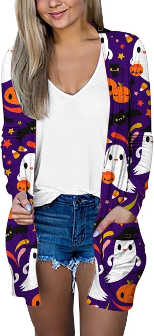 Womens 2023 Pumpkin Print Halloween Cardigan Knit Sweaters Print Long Sleeves Cardigan Casual Open Front Printed Cardigans