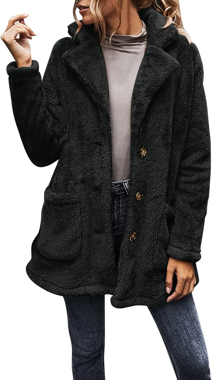 Womens 2023 Winter Jacket Fleece Teddy Bear Sherpa Jacket Coats with Pockets Outerwear Long Sleeve Casual Winter Warm Coat