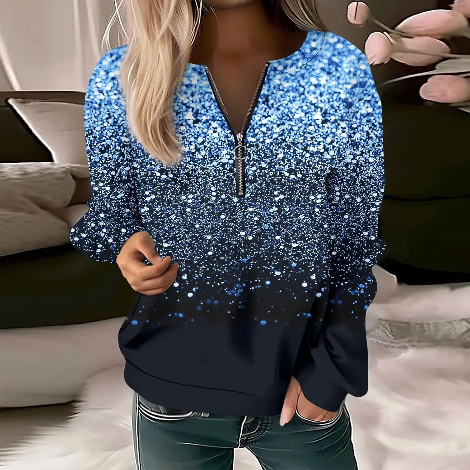 Womens 2024 Fall Trendy Sequin Glitter Sparkly Crew Neck Half Zip Long Sleeve Tops Comfy Star Sweatshirts
