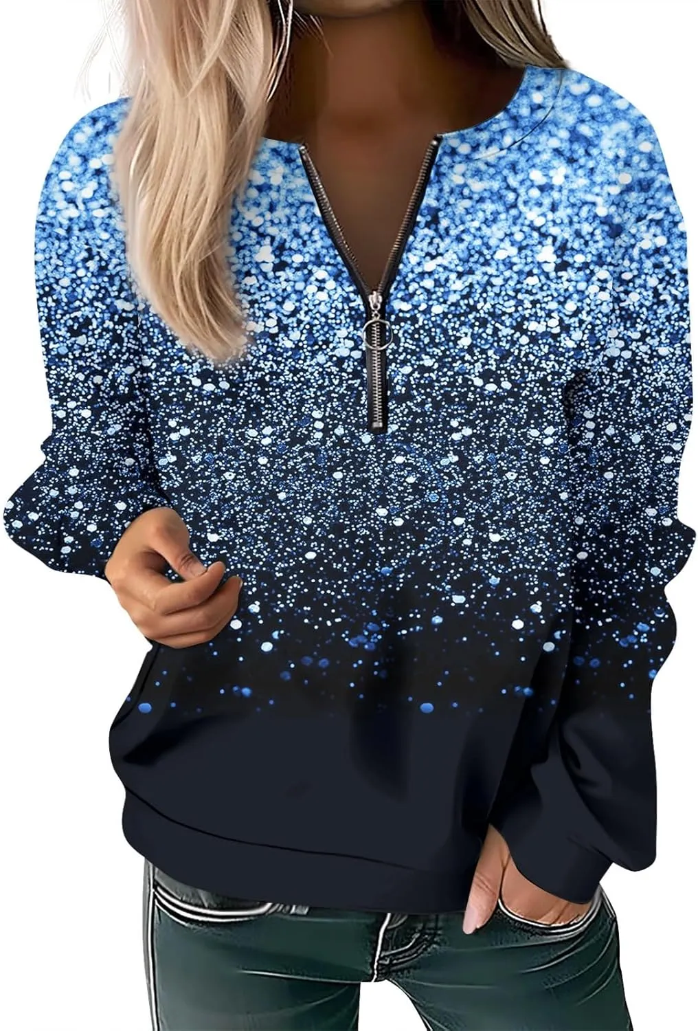 Womens 2024 Fall Trendy Sequin Glitter Sparkly Crew Neck Half Zip Long Sleeve Tops Comfy Star Sweatshirts