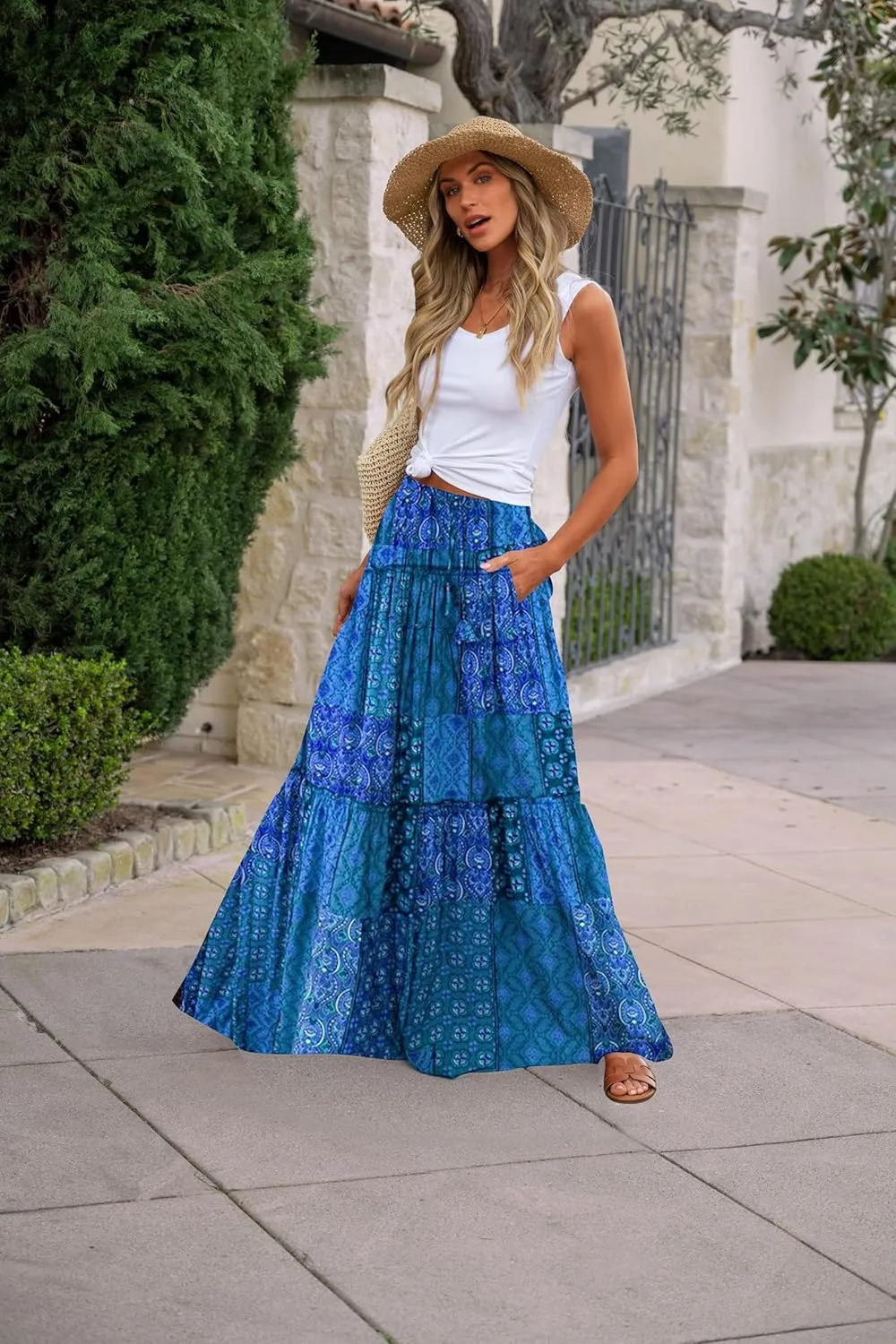 Women's 2024 Summer Skirt High Waist Flowy A Line Boho Skirt Maxi Skirt with Pockets