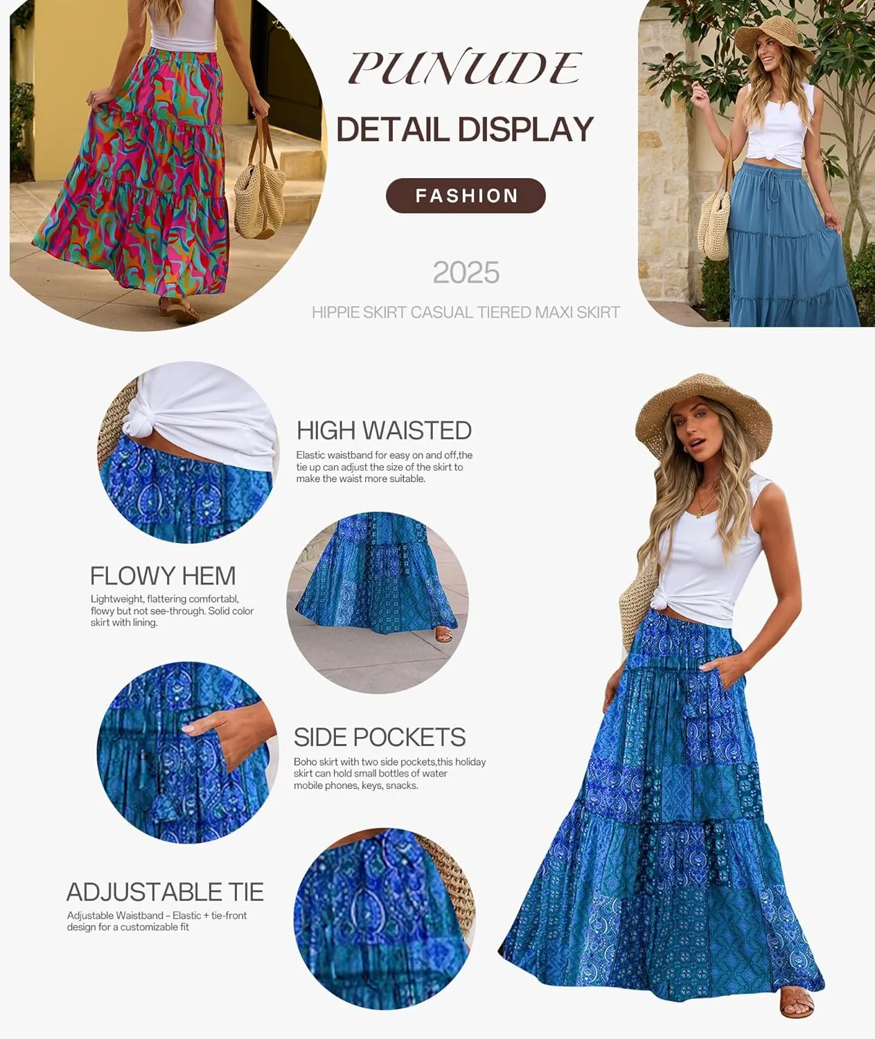 Women's 2024 Summer Skirt High Waist Flowy A Line Boho Skirt Maxi Skirt with Pockets