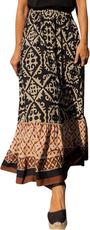 Women's 2025 Bohemian Long Skirts Elastic High Waist A Line Maxi Skirts Summer Casual Printed Pleated Flowy Skirts
