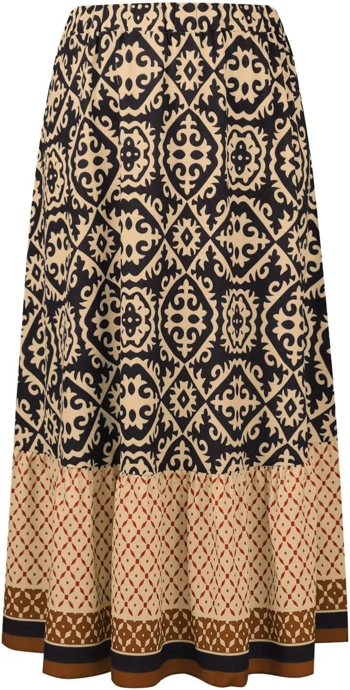 Women's 2025 Bohemian Long Skirts Elastic High Waist A Line Maxi Skirts Summer Casual Printed Pleated Flowy Skirts
