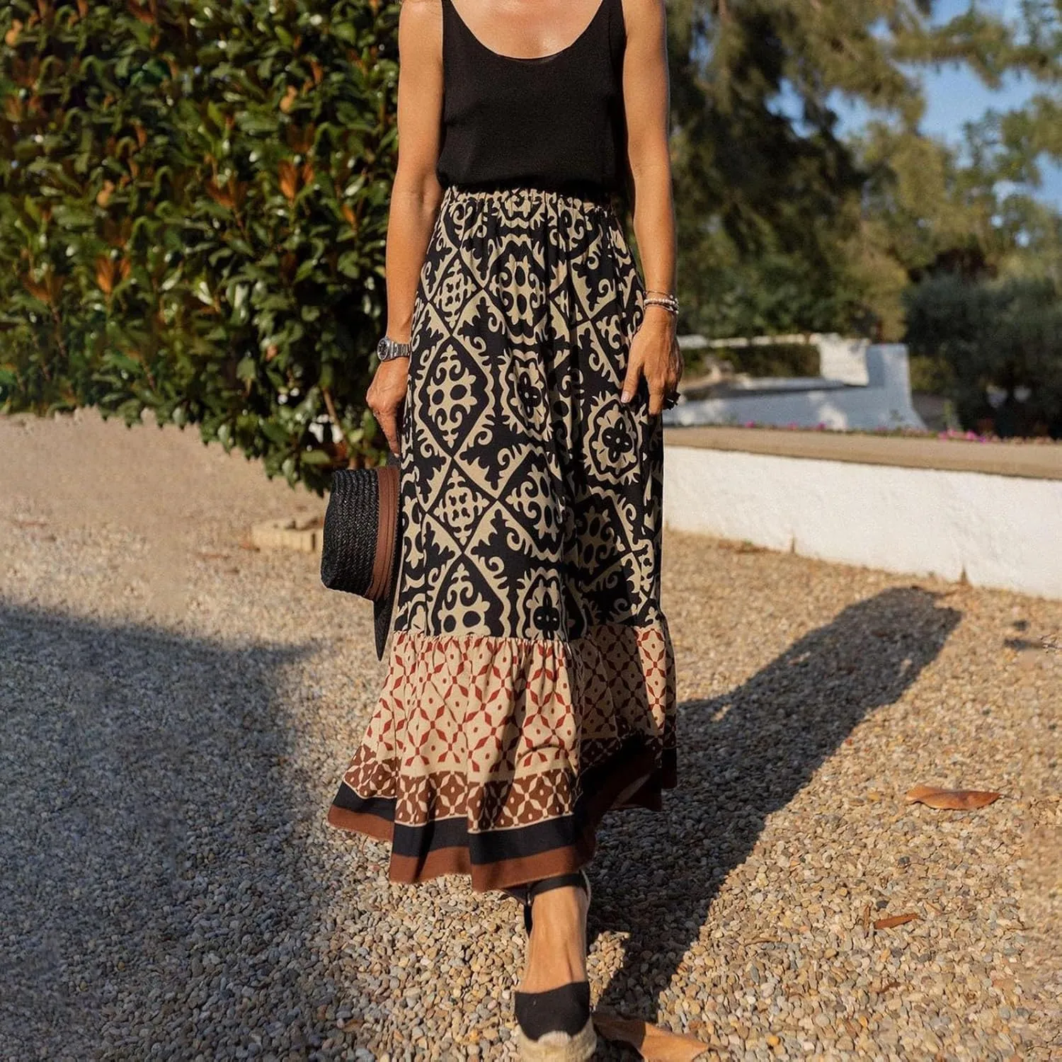 Women's 2025 Bohemian Long Skirts Elastic High Waist A Line Maxi Skirts Summer Casual Printed Pleated Flowy Skirts