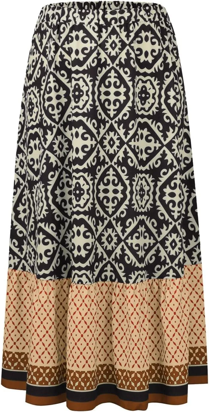 Women's 2025 Bohemian Long Skirts Elastic High Waist A Line Maxi Skirts Summer Casual Printed Pleated Flowy Skirts