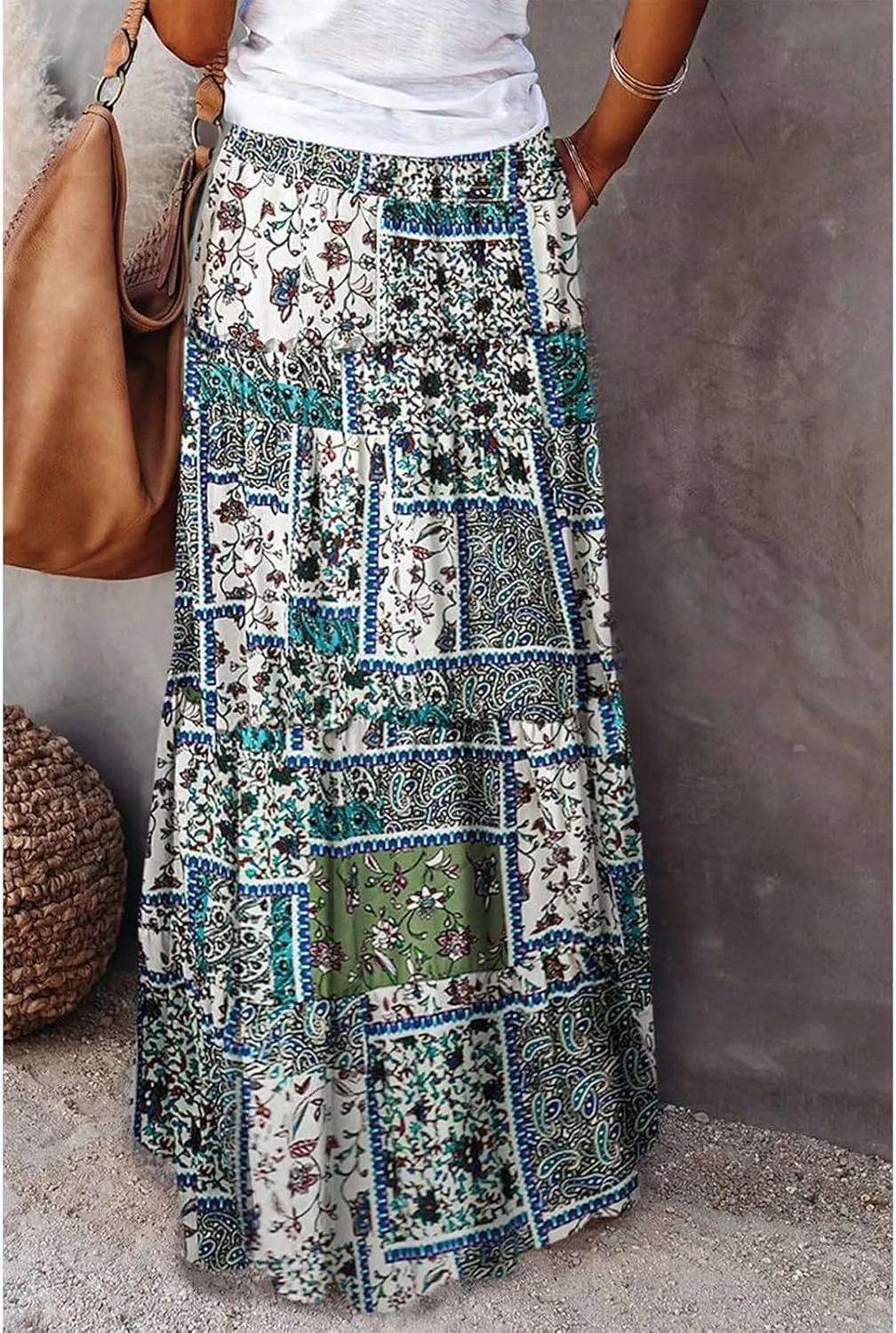 Women's 2025 Summer Skirt High Waist Flowy A Line Boho Skirt Maxi Skirt with Pockets