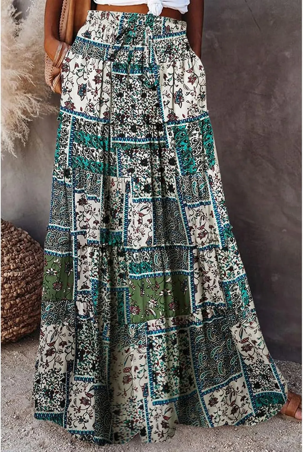 Women's 2025 Summer Skirt High Waist Flowy A Line Boho Skirt Maxi Skirt with Pockets