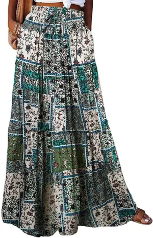 Women's 2025 Summer Skirt High Waist Flowy A Line Boho Skirt Maxi Skirt with Pockets