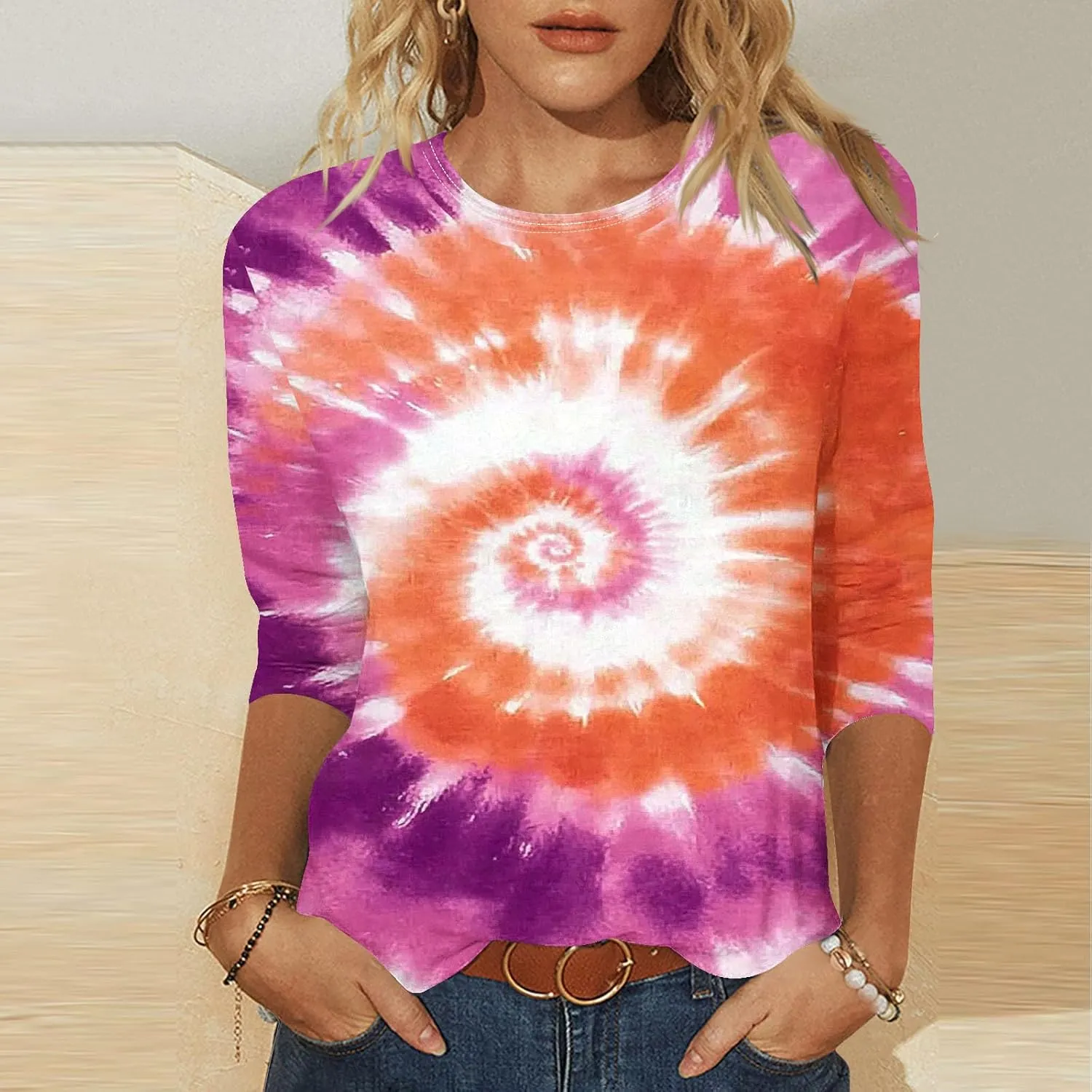 Womens 3/4 Sleeve Flower Floral T Shirts Crew Neck Fashion Casual Loose Fit Tops Ladies Work Blouse Tunic Tees Clothes