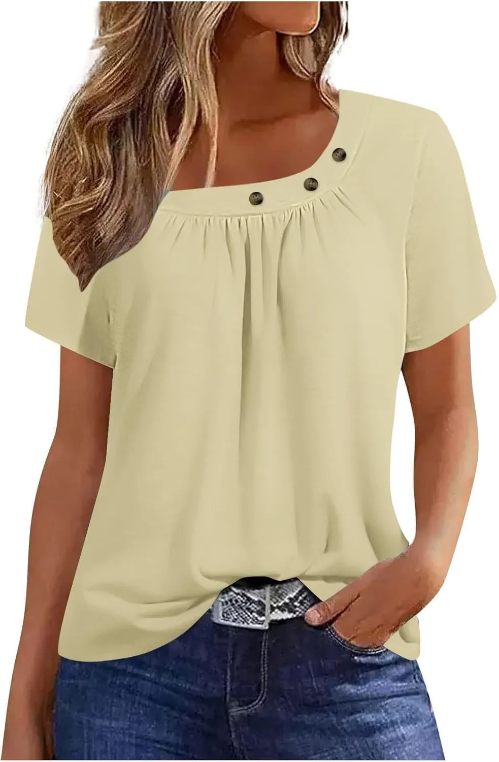Womens Asymmetrical Neckline Tops Button Detail Blouses Casual Summer Short Sleeve Loose Fit Trendy Tees Shirts