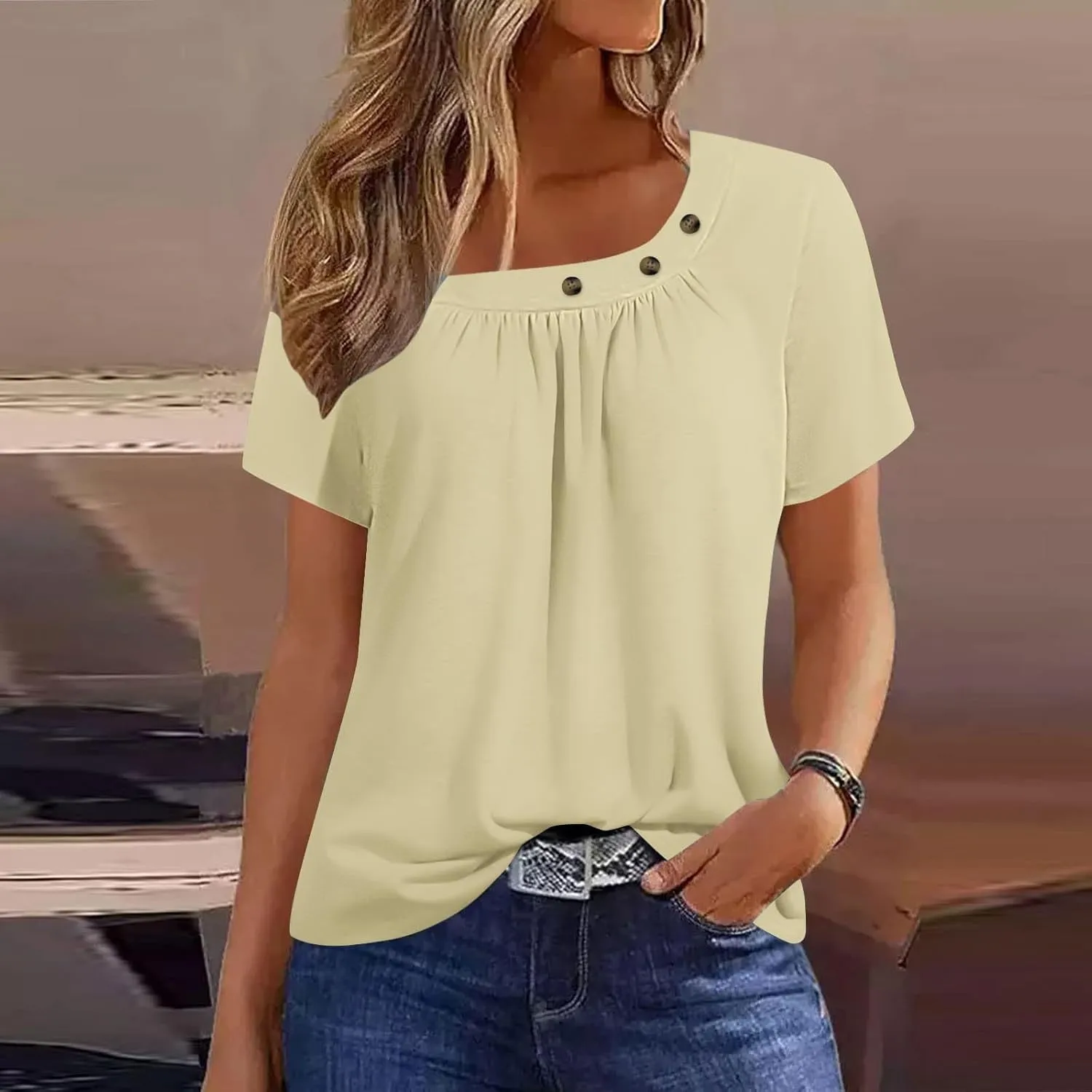 Womens Asymmetrical Neckline Tops Button Detail Blouses Casual Summer Short Sleeve Loose Fit Trendy Tees Shirts
