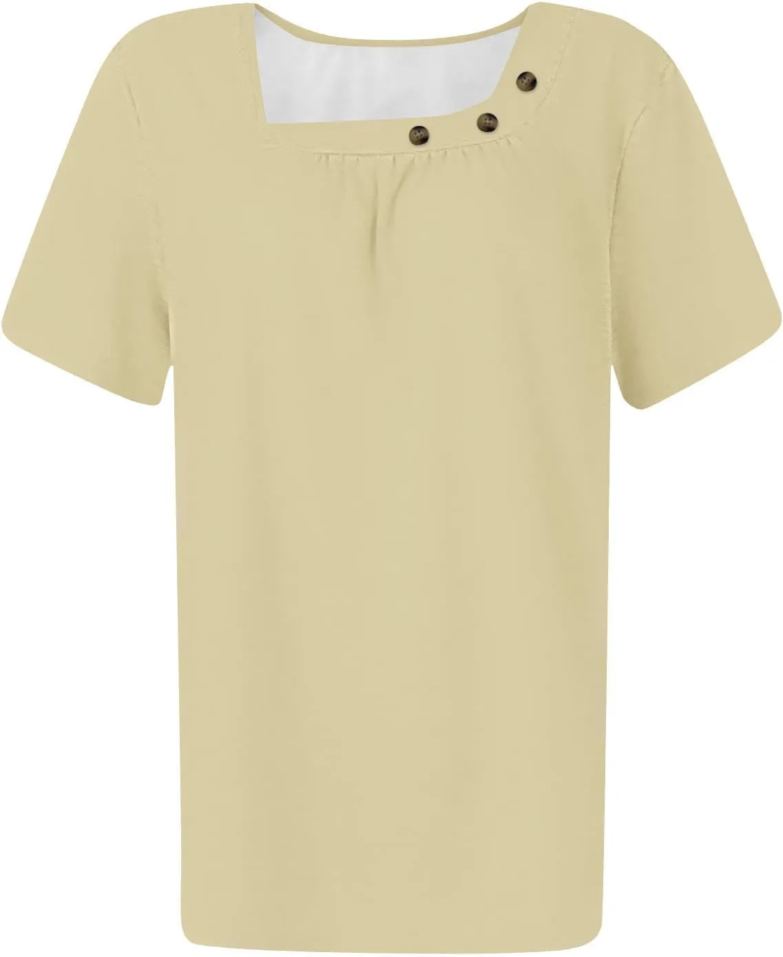 Womens Asymmetrical Neckline Tops Button Detail Blouses Casual Summer Short Sleeve Loose Fit Trendy Tees Shirts