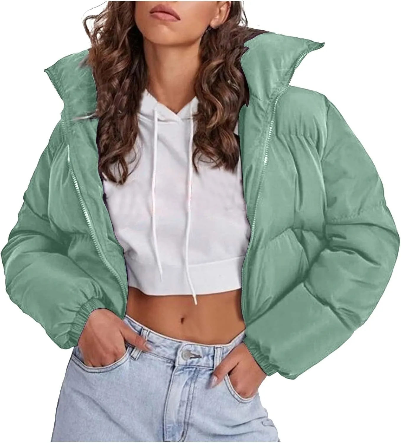 Womens Baggy Cropped Coats Winter Warm Thickened Puffer Down Jacket Parka Long Sleeve Zip Up Padded Short Outerwear