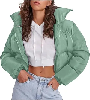 Womens Baggy Cropped Coats Winter Warm Thickened Puffer Down Jacket Parka Long Sleeve Zip Up Padded Short Outerwear