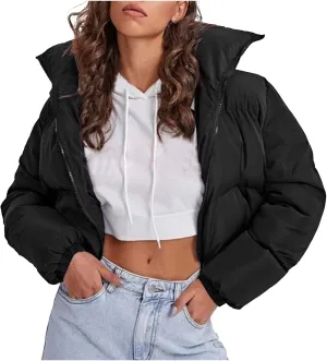 Womens Baggy Cropped Coats Winter Warm Thickened Puffer Down Jacket Parka Long Sleeve Zip Up Padded Short Outerwear