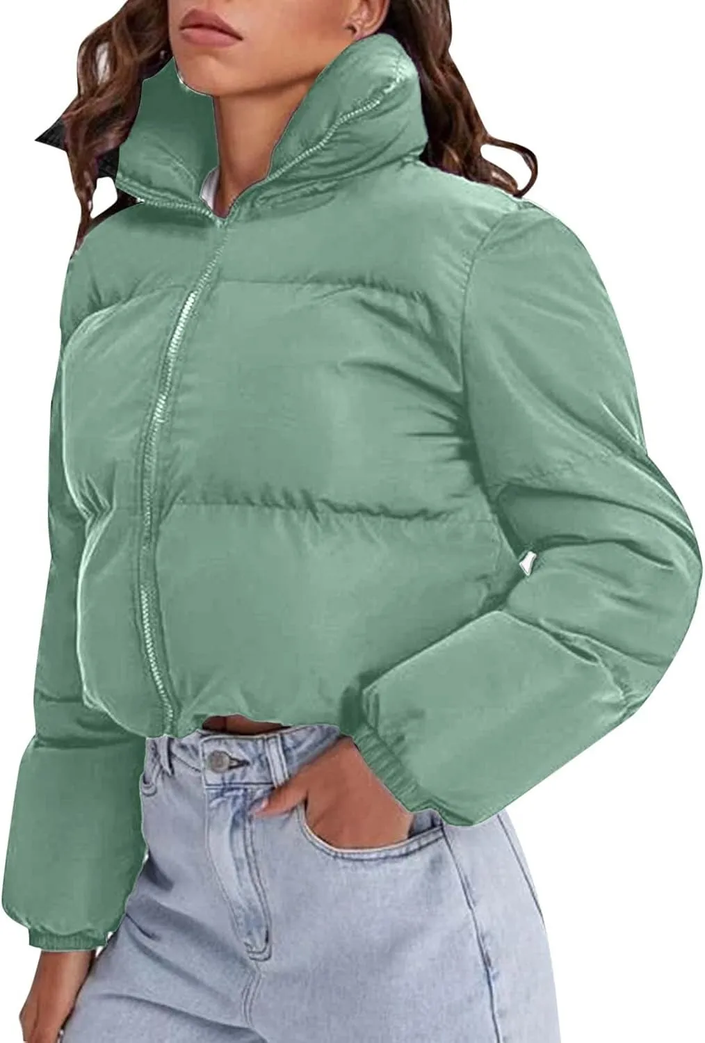 Womens Baggy Cropped Coats Winter Warm Thickened Puffer Down Jacket Parka Long Sleeve Zip Up Padded Short Outerwear