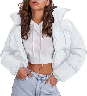 Womens Baggy Cropped Coats Winter Warm Thickened Puffer Down Jacket Parka Long Sleeve Zip Up Padded Short Outerwear