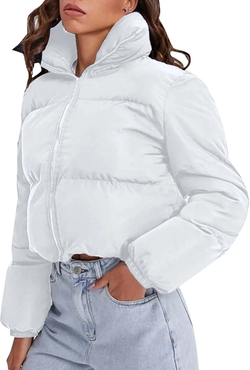 Womens Baggy Cropped Coats Winter Warm Thickened Puffer Down Jacket Parka Long Sleeve Zip Up Padded Short Outerwear