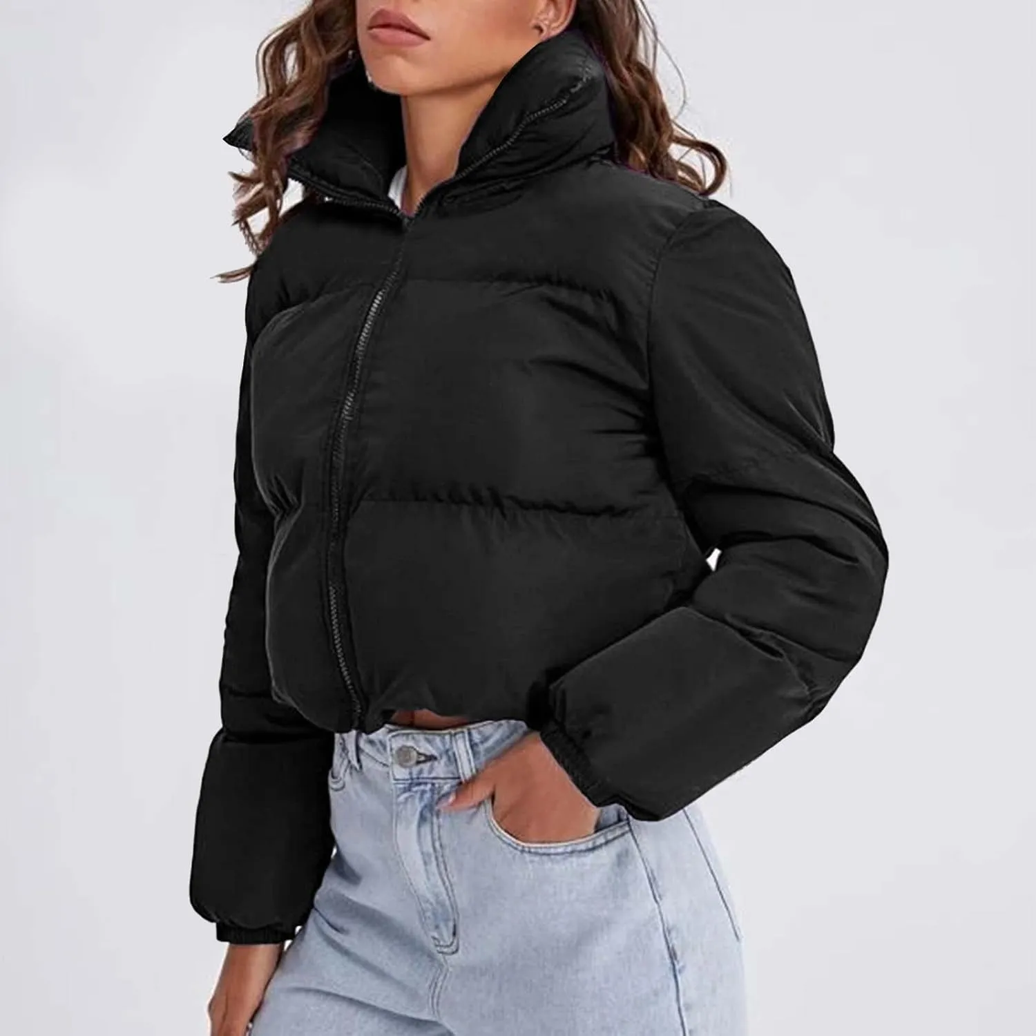 Womens Baggy Cropped Coats Winter Warm Thickened Puffer Down Jacket Parka Long Sleeve Zip Up Padded Short Outerwear