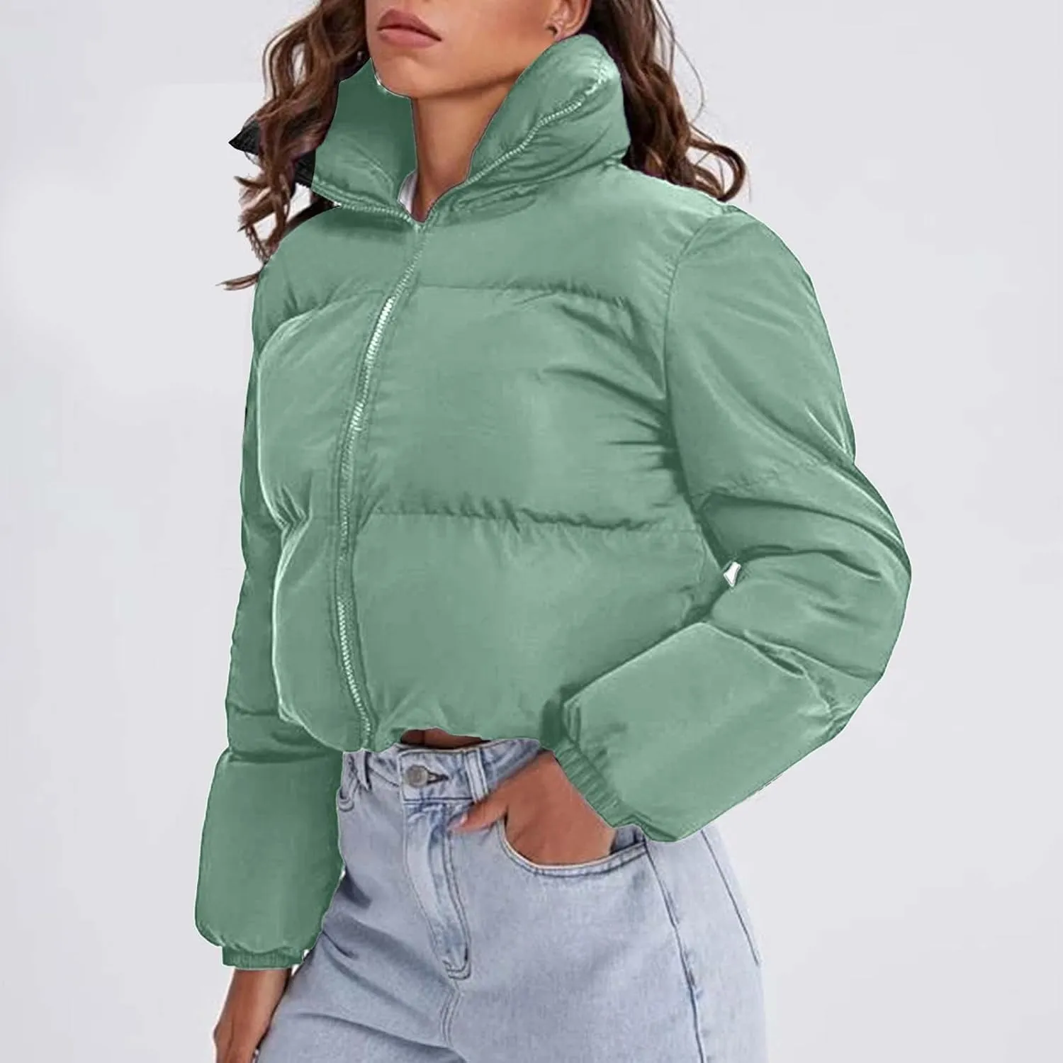 Womens Baggy Cropped Coats Winter Warm Thickened Puffer Down Jacket Parka Long Sleeve Zip Up Padded Short Outerwear