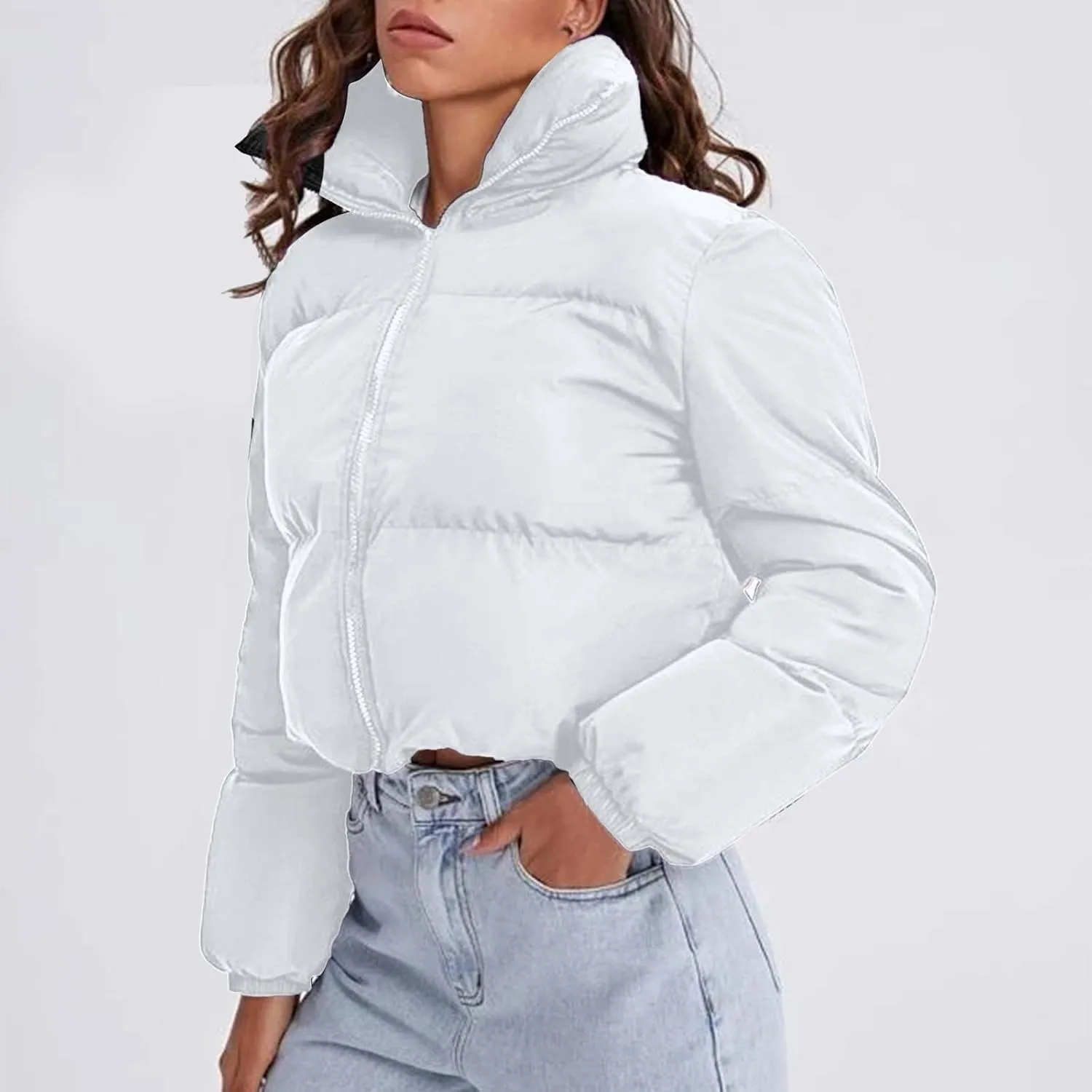 Womens Baggy Cropped Coats Winter Warm Thickened Puffer Down Jacket Parka Long Sleeve Zip Up Padded Short Outerwear