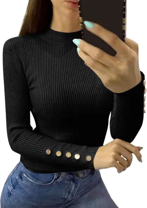 Womens Basic Tops Long Sleeve Mock Turtle Neck Ribbed Sweaters 2024 Winter Button T Shirts Loose Fit Fall Comfy Clothe