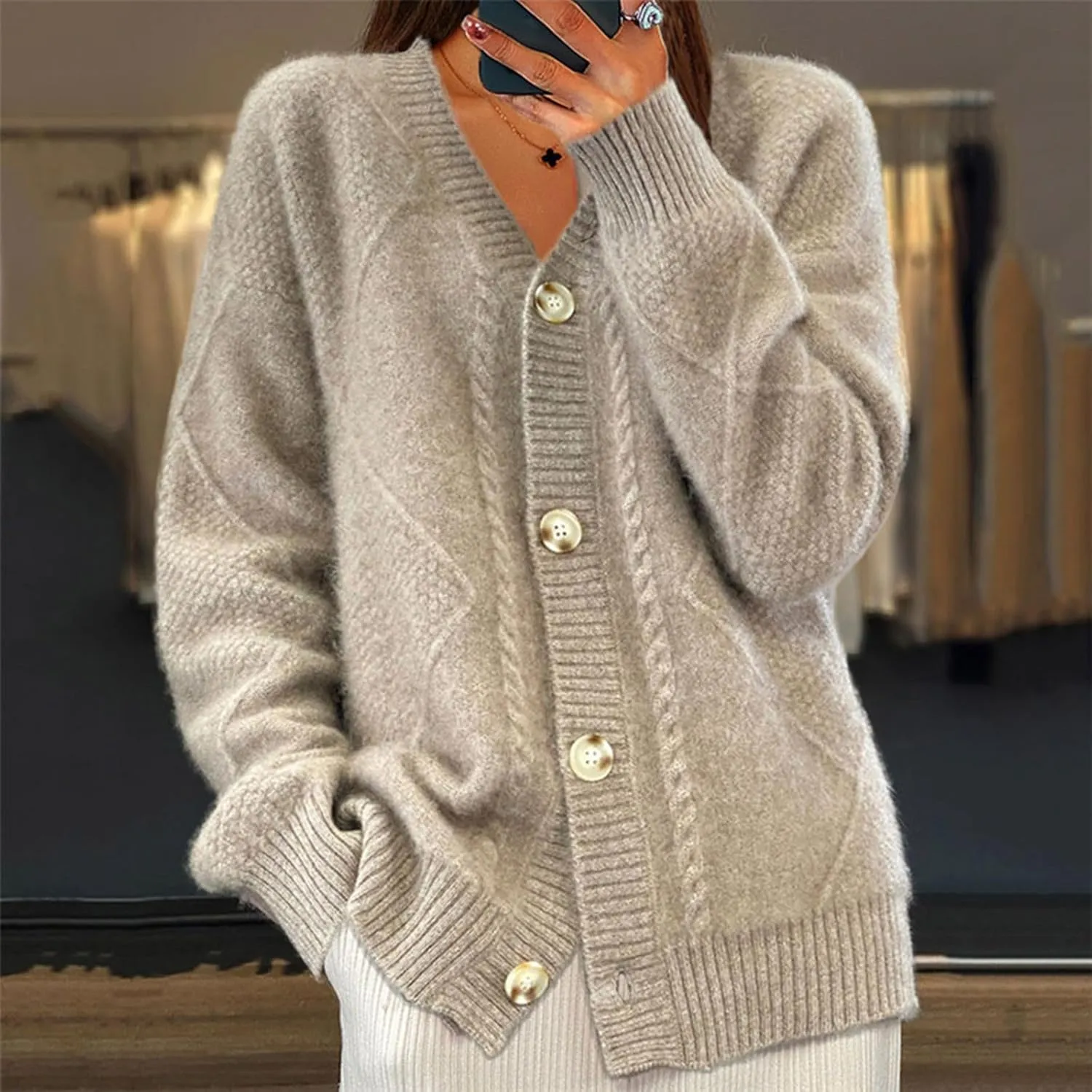 Women's Button Down Cardigan Sweater Chunky Knit Lightweight Jumpers Loose Long Sleeve Fall-Winter Outwear Coat