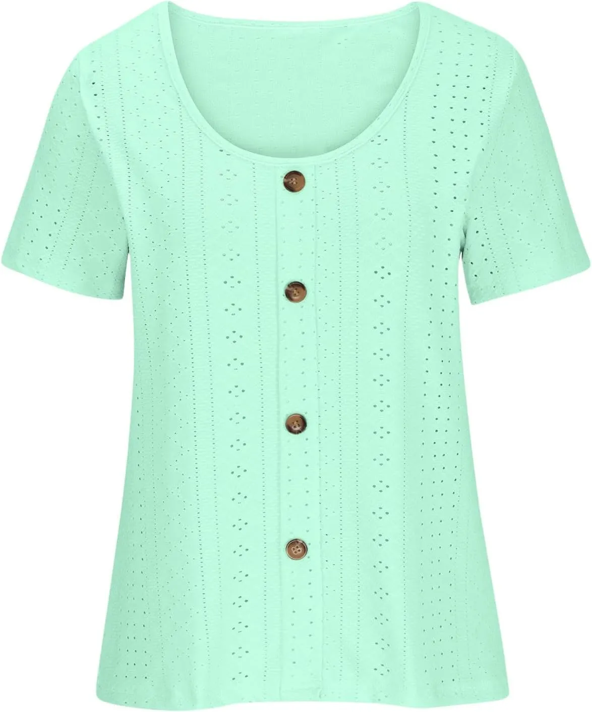 Womens Button Front Eyelet Tops Square Neck Short Sleeve Blouses Casual Summer Comfy Loose Fit Shirts