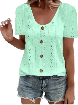 Womens Button Front Eyelet Tops Square Neck Short Sleeve Blouses Casual Summer Comfy Loose Fit Shirts