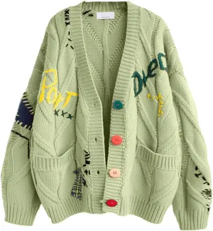 Women's Cable Knit Open Front Cardigan Lightweight Embroidery Button Down Sweater Jacket Casual Wool Blend Coat