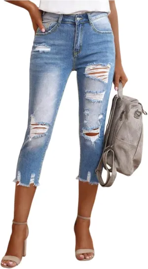 Womens Capri Jeans Ripped High Waisted Summer Skinny Leg Jeans with Pockets 2025 Casual Raw Hem Distressed Denim Pants