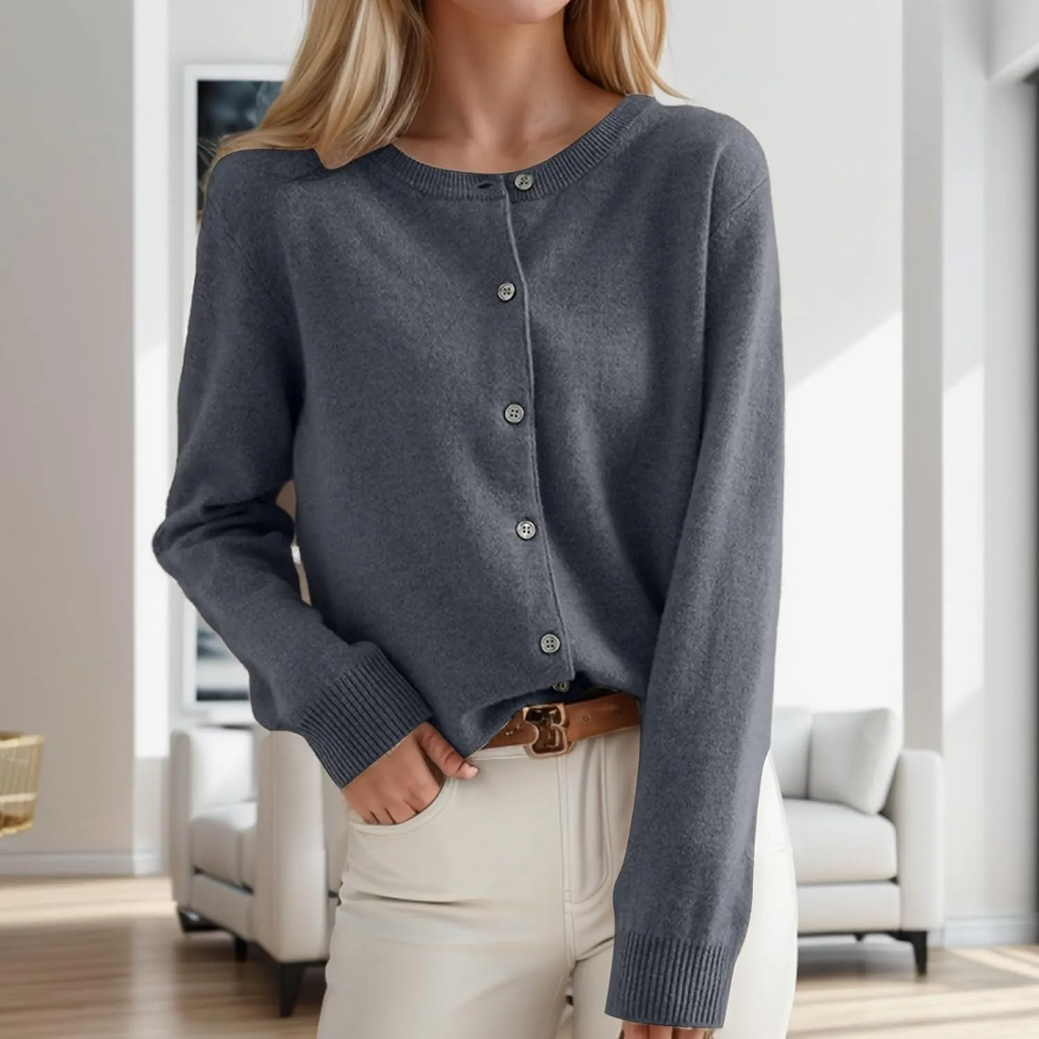 Womens Cardigan Sweaters Casual Crewneck Long Sleeve Button Down Lightweight Cardigans Plus Size Loose Fit Sweater