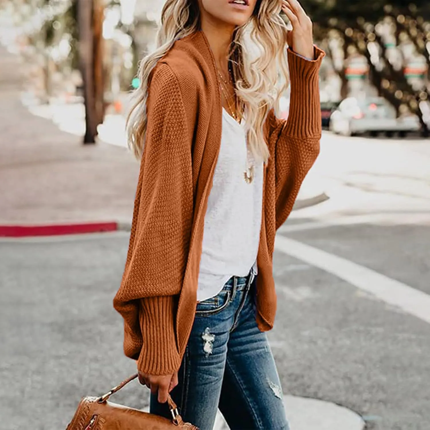 Womens Cardigan Sweaters Oversized Knit Batwing Long Sleeve Cardigan Open Front Lightweight Jacket Soft Outwear Coat