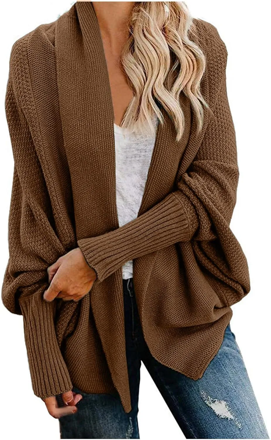 Womens Cardigan Sweaters Oversized Knit Batwing Long Sleeve Cardigan Open Front Lightweight Jacket Soft Outwear Coat