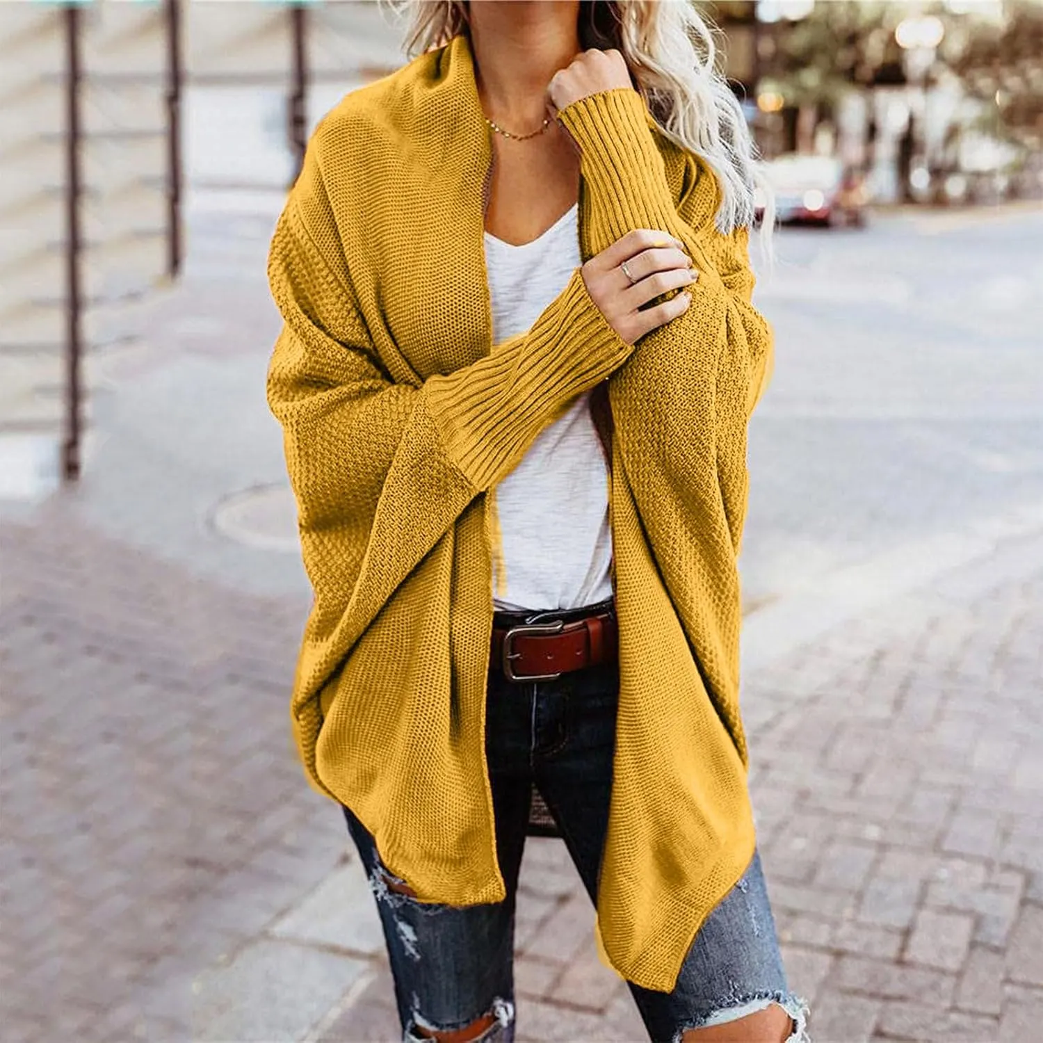Womens Cardigan Sweaters Oversized Knit Batwing Long Sleeve Cardigan Open Front Lightweight Jacket Soft Outwear Coat