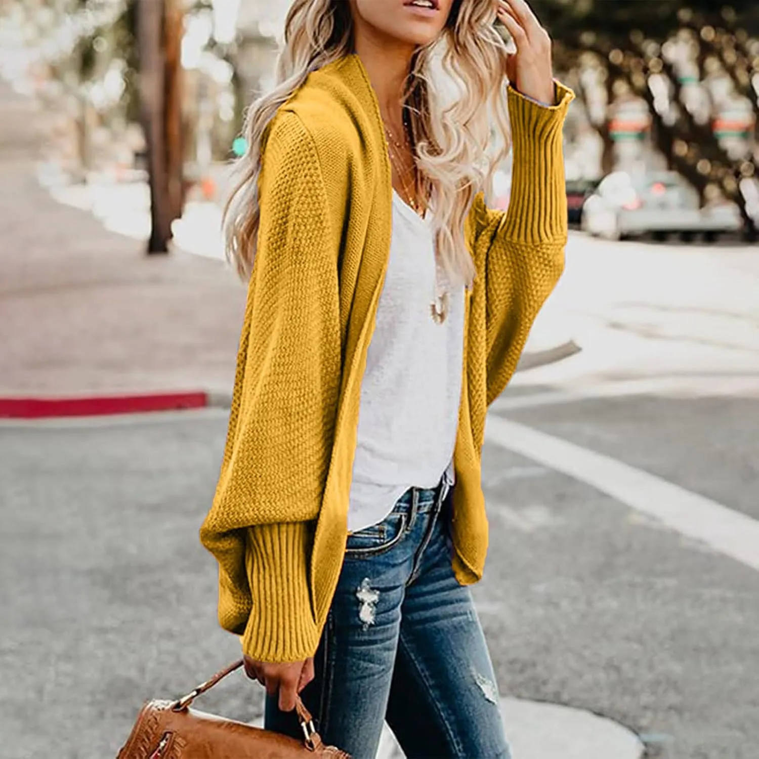 Womens Cardigan Sweaters Oversized Knit Batwing Long Sleeve Cardigan Open Front Lightweight Jacket Soft Outwear Coat