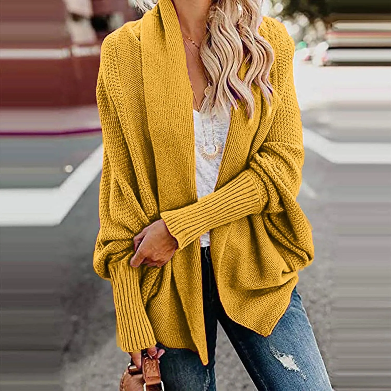 Womens Cardigan Sweaters Oversized Knit Batwing Long Sleeve Cardigan Open Front Lightweight Jacket Soft Outwear Coat