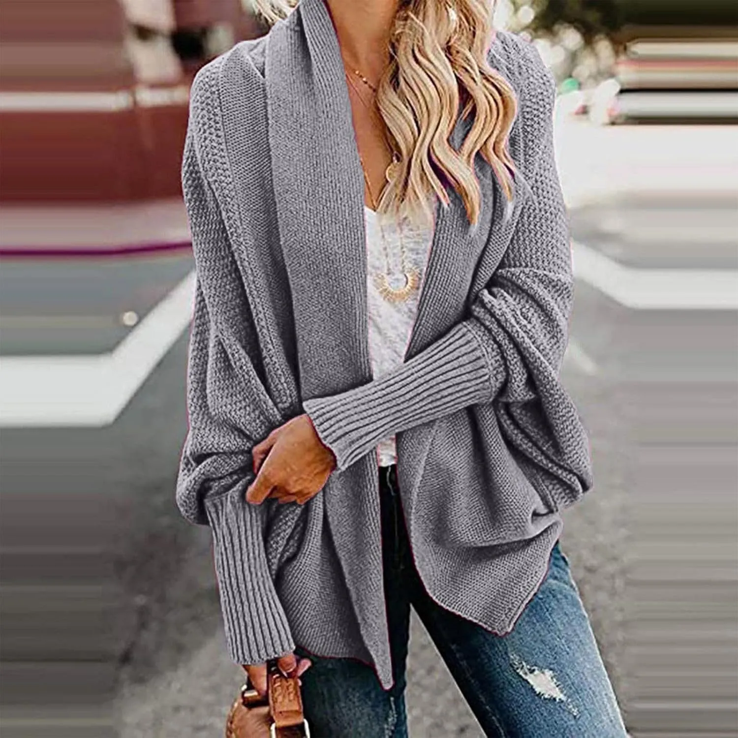 Womens Cardigan Sweaters Oversized Knit Batwing Long Sleeve Cardigan Open Front Lightweight Jacket Soft Outwear Coat