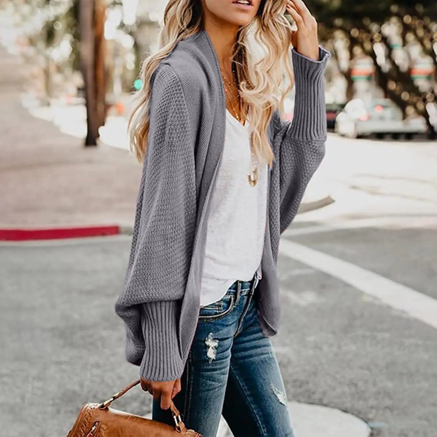 Womens Cardigan Sweaters Oversized Knit Batwing Long Sleeve Cardigan Open Front Lightweight Jacket Soft Outwear Coat