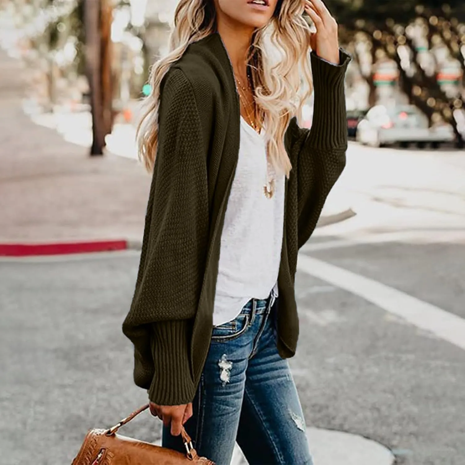 Womens Cardigan Sweaters Oversized Knit Batwing Long Sleeve Cardigan Open Front Lightweight Jacket Soft Outwear Coat